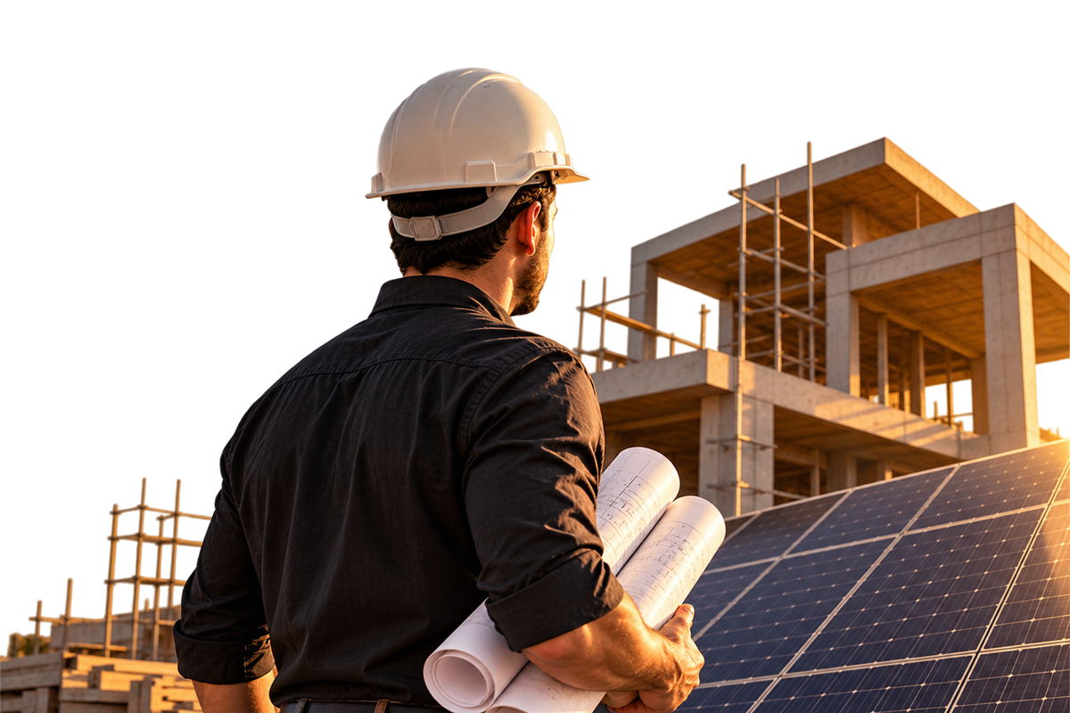 Profissional da construção observa uma obra com painéis solares